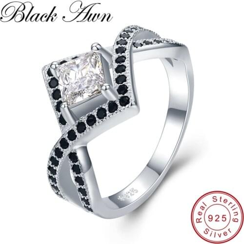 [BLACK AWN] Trendy 4.6g 925 Sterling Silver Jewelry Black Spinel Square Elegant Wedding Rings for Women Bijoux C472