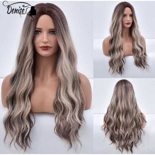 Womens Brown Blonde Long Wave Daily Heat Resistant Synthetic Wigs For White Women OmbreCosplay Wavy Fibre Middle Part Wig