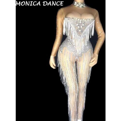 Women Sexy Sparkly Jumpsuit Stage Dance Fringes Birthday Nightclub Female Singer Bodysuit Costume Evening Celebrate Party Outfit
