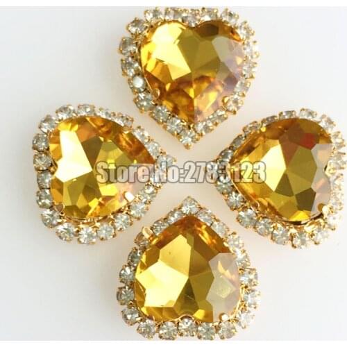 Golden yellow 12mm heart shape Crystal buckle, gold base Glass sew on rhinestones use for diy/clothing accessories SKHJ20