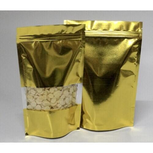 Golden Stand up aluminium foil zip Lock bag with clear window, plastic pouch zipper reclosable Food Storage Packaging Bag