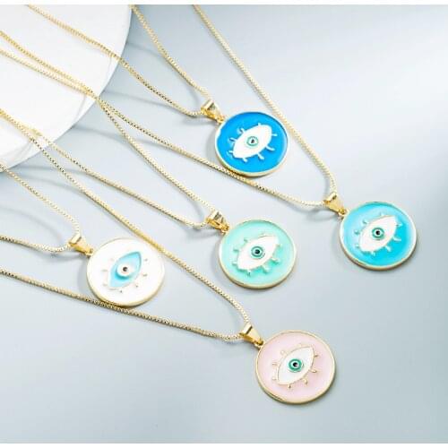 Evil Eye Bohemian Style Pendant Gold Necklaces for Women Multicolor Oil Drop Round Clavicle Chain Jewelry Accessories Wholesale