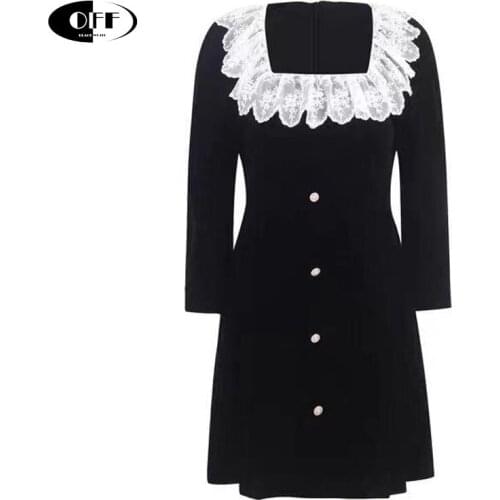 Velvet Black Lace Up Mini Dress Elegant Vintage Full Sleeve Womans Autumn Girls Autumn Spring Short Dresses Clothes Female Robe
