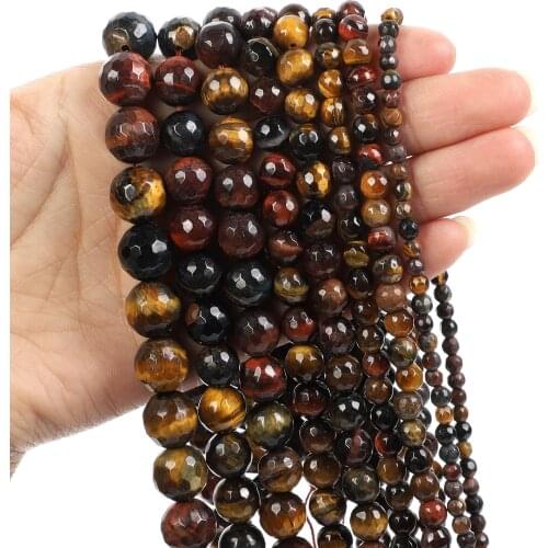 Natural Stone Beads Cut Surface Colorful Tiger Eye Stone Loose Beads for Jewelry Making Needlework DIY Bracelet Strand 4-12 MM