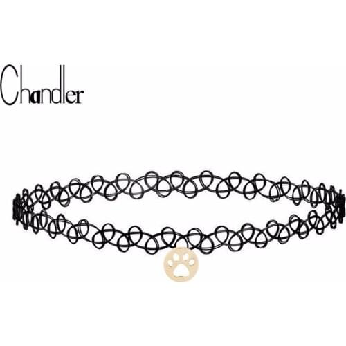 Chandler Black Tattoo Choker Necklace Dog Cat Paw Footprint Dangle Elastic Punk Gothic Torque For Girls Cheap Neck False Jewelry