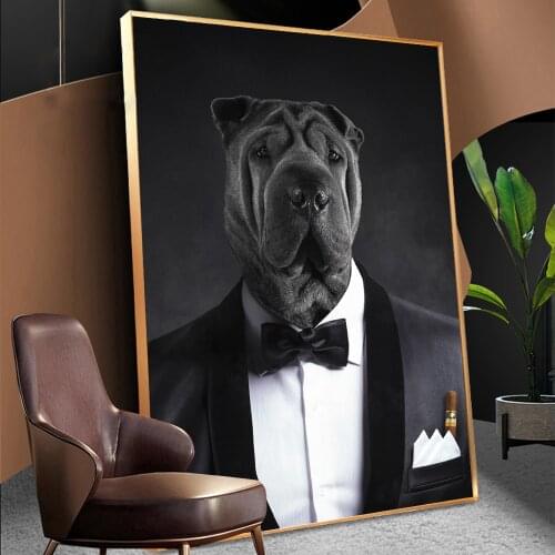 Humor Black Bulldog In Suit Canvas Wall Art Funny Animal Formal Wear Poster And Print Pet Picture Decoration For Craft Gift