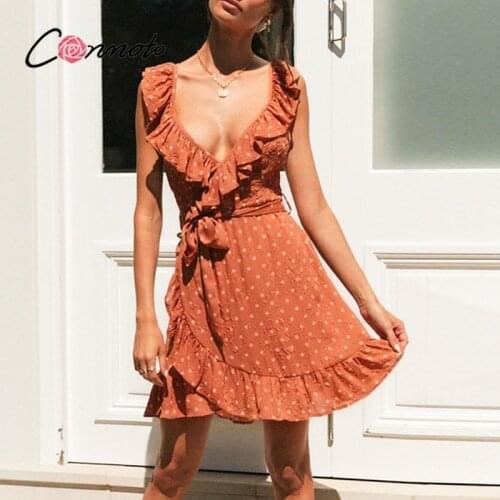 Conmoto Sexy v-neck sleeveless polka dot women dress Elegant lace up ruffles short sundress Summer style ladies dress 2021 new