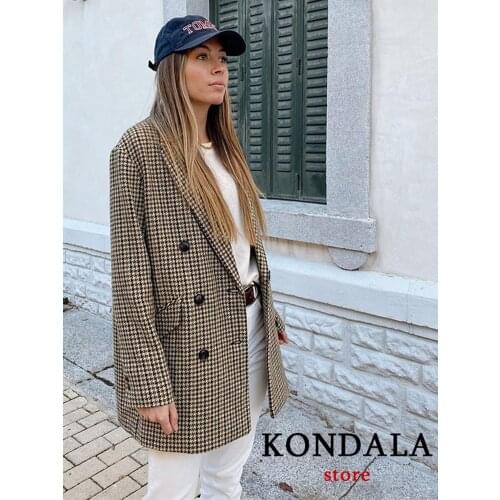 Za 2019 plaid tweed blazer office wear nortched long sleeve single breasted pocket outwear female coat blazer feminino