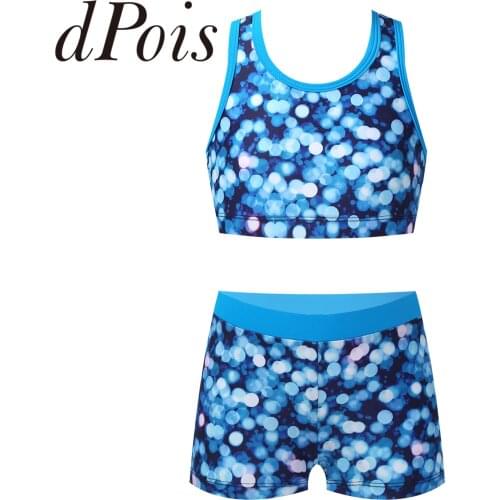 Girls Two Pieces Printed Swimwear Swimsuits Tank Top + Shorts Kids Tracksuits Ballet Gym Outfits Summer Childrens Bathing Suits