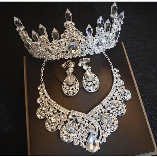 Luxury Big Rhinestone Bridal Jewelry Sets Crystal Crown Tiaras Plated Necklace Earrings Set For Bride Hair Accessories