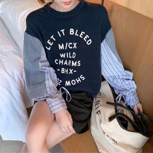 Korean style western style shirt stitching fake two-piece pullover sweater women new loose knitted sweater for autumn and winter