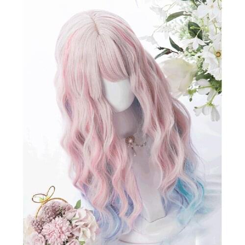 Cosplay Mix 67CM Long Curly Hair Bangs Lolita Mix Pink Blue Ombre Japan Cute Christmas Halloween Party Synthetic Cosplay Wig+Cap
