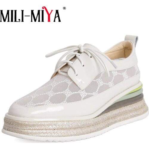 MILI-MIYA Breathable Mesh Summer Shoe Women Cow Leather Platform Flats Lace Up Round Toe Casual Ladies Shoes Handmade Size 34-40