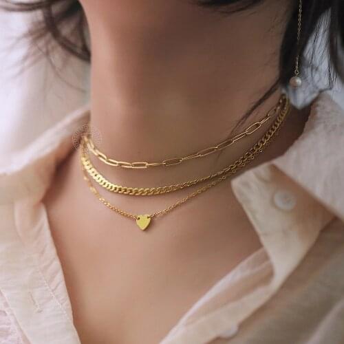 Multi-layered Gold Heart Charm Paperclip Necklaces For Women Girls Stainless Steel Cable Cuban Link Chain Gifts Jewelry DDN294