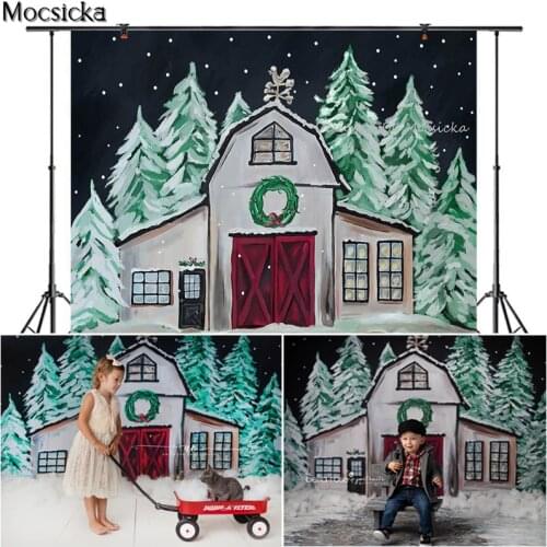 Mocsicka Christmas Photography Background Hand Drawn Style Pine House Backdrop Child Portrait Photo Decoration Props Studio