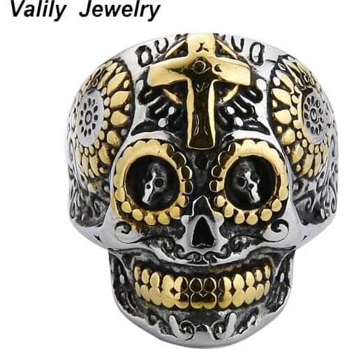 Valily Man Skull Ring Gothic gold Carving kapala Cross Ring Biker Hiphop Jewelry Stainless steel Punk Band Rings Jewelry for Men