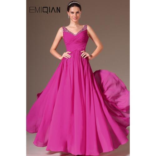 Free Shipping New V Neck Plum Chiffon Evening Gowns Back V Neck Beading Evening Dresses