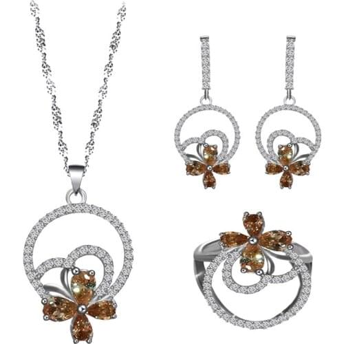 ROLILASON For gifts Butterfly Flower Design 925 Silver Champagne Zircon Earrings Necklace Rings Jewelry Sets JS853