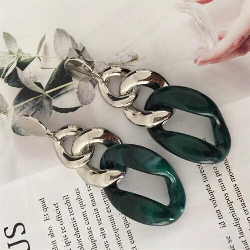 Bohemia Rhodium Color Plating Metallic and Marble Dark Green Chain Linking Drop Earrings For Women Vintage Classic Lady Jewelry