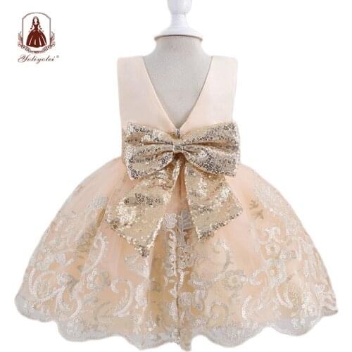 Yoliyolei V-neck Golden Children Dress for Girl Bowknot Sequins Hollow Out Kids Cute Fashion Baby Girl Clothes for 2-8 Years
