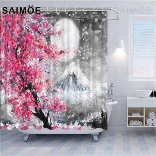 Pink Cherry Blossom Shower Curtain For Bathroom Waterproof Fabric Mount Fuji Japan Home Decor Flowers Bath Curtains With Hooks