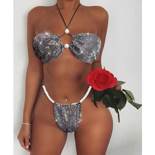 Womens Sexy Two Piece Bikini Suits Fashion Hot Drilling Halter Tops and Tie-up Mid-waist Thong