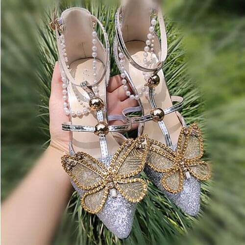 Womens Pointed Toe Rhinestones Crystal Butterfly Beads DIY Stilettos High Heel Shoes Party Wedding Bridal Sliver Sequins Bling V