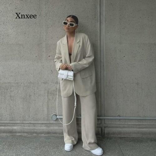 2021 Female Two-Piece Solid Color Gray Retro Office Lady Single Button Notched Blazer Female Loose Elastic High Waist Pants Suit