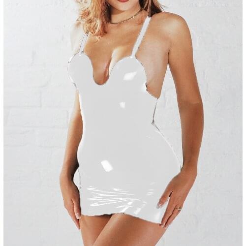 Women White Dress Sleeveless Strap Club Dress Wet Look Vinyl Dress for Women Summer Women Clothing Vestido Feminino