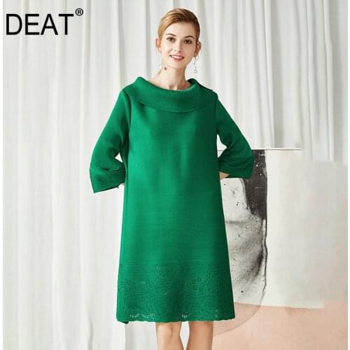 DEAT Pleated Woman Dress Diamonds Lapel Collar Seven Flare Sleeve Loose Elegant Solid Vintage Slim 2021 New Autumn Fashion XQ019