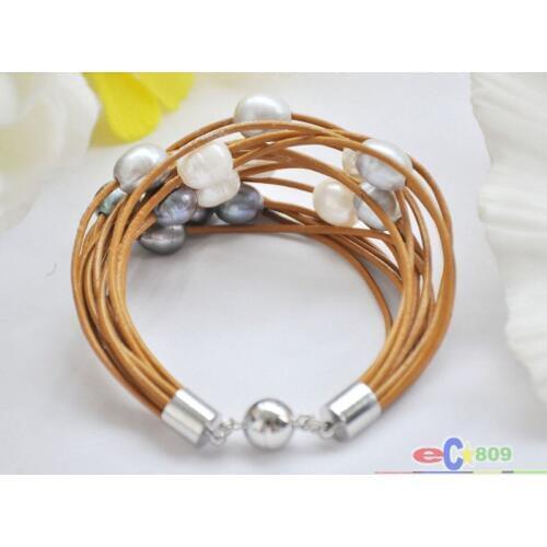 15row 8 " 13 mm blanc noir gris perle de riz caf bracelet en cuir