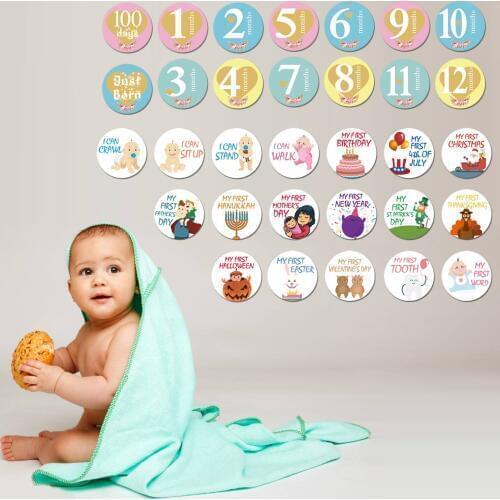 30PCS Cute Self-adhesive Milestone Monthly Stickers Photo Photography Props for Newborn Infant Toddlers Baby Boys Girls