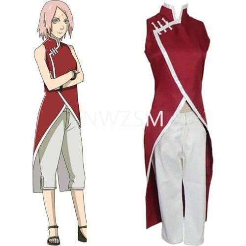 Anime Costume Haruno Sakura Cosplay Cheongsam For Girls Red Cheongsams Party Show Short Sleeves
