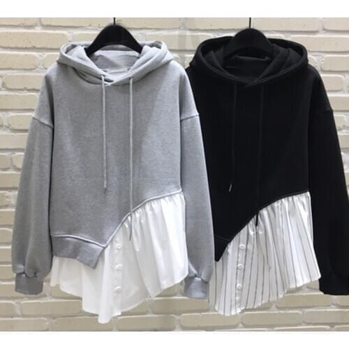 Irregular Ruffles Hem Hoodies Women Loose Hoody Hooded Hoodie Sweatshirt Womens Bf Pullovers Grey Black Coat Students Causal
