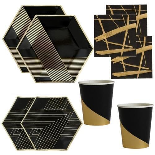 Free Shipping 112 pcs Black and Gold Foil Napkins Paper Plates Beverage Cups For Birthday Party Baby Shower Tableware Supplies