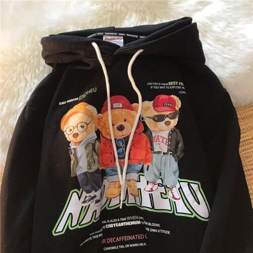 Black White Funny Bear Printed Hoodies Women Sweatshirt Hip Hop Plus Size Autumn Cotton Tops Couples Teens Clothes Harajuku Goth