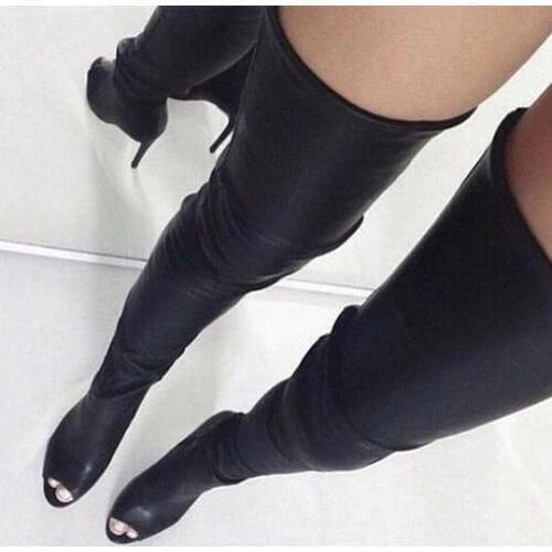 Black Leather Zipper Back Ladies High Heel Boots Sexy Open Toe Women Over The Knee Boots Female Fashion Dress Boots Spring Boots