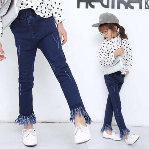Children jeans girls Autumn spring cotton denim trousers baby girls casual Fringe pants child denim outwear 3-11Y kids outwear