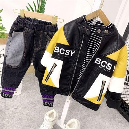 Spring Autumn Kids Childrens Tracksuits Toddler Boy Clothing PU Leather Coat +T-shirt + Pants 3PCS/Sets Kids Toddler Tracksuits