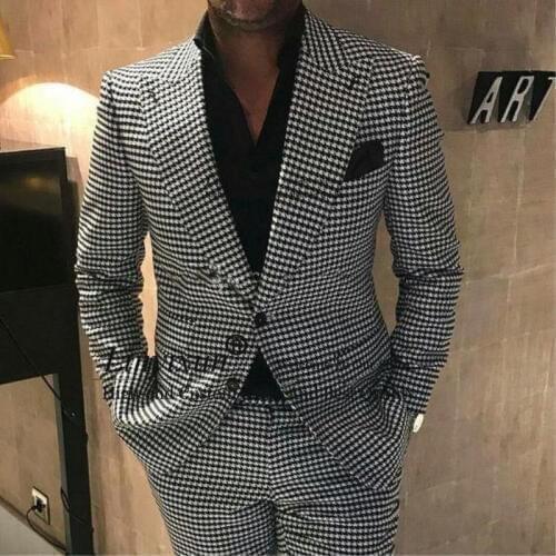Double Breasted Groomsmen Peak Lapel Groom Tuxedos Houndstooth Men Suits Wedding/Prom/Dinner Best Man Blazer ( Jacket+Pants)