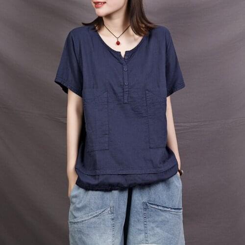 Cotton Linen Vintage Women T-Shirts Summer New 2021 Solid Straight V-Neck Pocket Female Pulls Outwear Tops