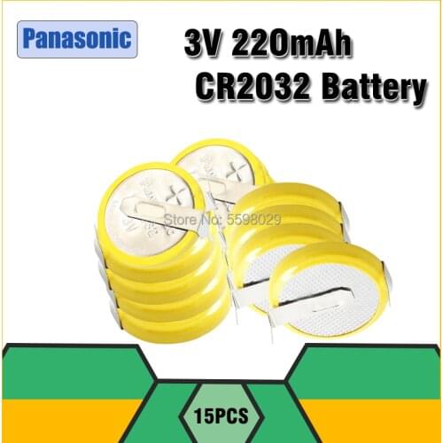 15pcs 3v Panasonic cr2032 button battery coin cell with 2 mounting pins/tabs single use 2 Soldering Pins Motherboard Calculator