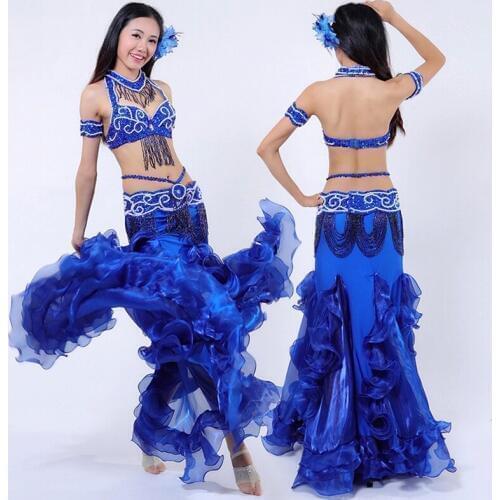 5pcs/Set hand-made sewed Belly Dance Costumes Popular Oriental dancing Set Dresses Bra+Belt+Skirt+Necklace+Arms