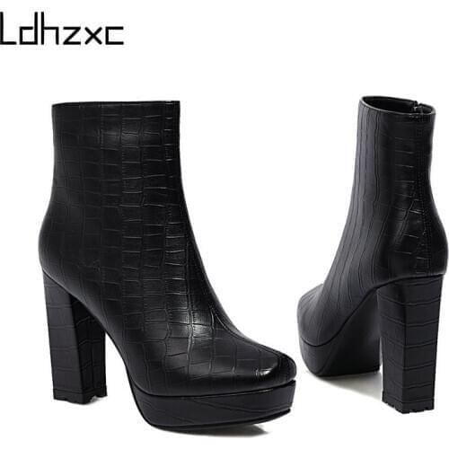 LDHZXC Size 34-43 New Genuine Leather Boots Women Shoes Zip Platform Autumn Winter Boots Ladies Fashion High Heels Ankle Boots