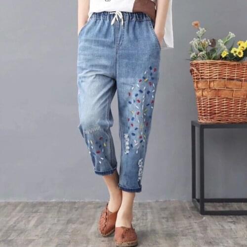 Summer Loose Embroidery Elastic Waist Jeans Women Clothing Cowboy Distressed Hole Harajuku Pants Pantalones Mujer U249