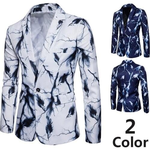 Mens One-Button Suit Long Sleeve Turn Down Collar Cardigan Jacket with Lightning Feather Print Casual Slim Single-Breasted Coat