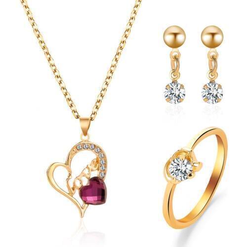 2019 New Romantic Charm Lovely Cute Heart gold Necklace Earring ring Crystal Jewelry Sets For Women Girls wedding Jewellery