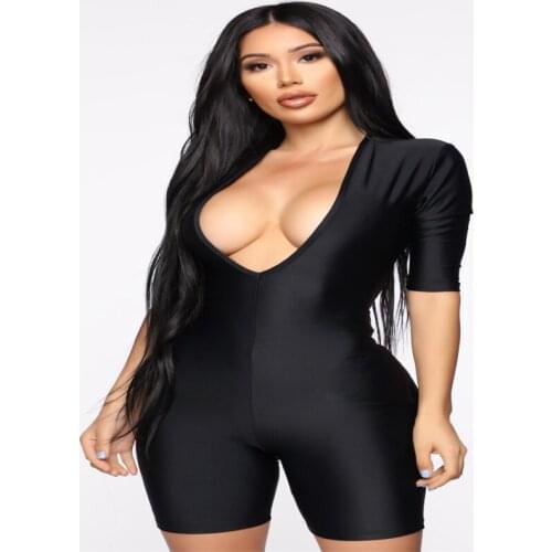 New Deep V-Neck Black Bodycon Women Rompers Playsuit Sexy Short Sleeve Sportswear Women Casual Bodysuit For Fitness