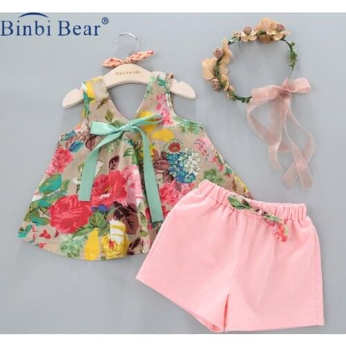 Baby Girl Clothes Summer 2021 Beach Floral Printed Sleeveless Vest Tops Shorts Sets For Kids Children Clothing Pour Enfants