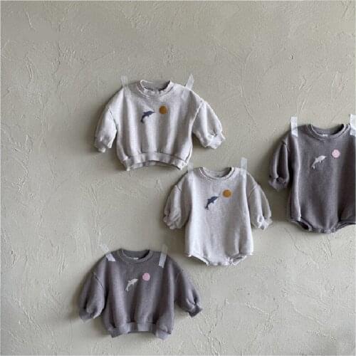 Autumn Winter Newborn Boys Girls Cute Dolphin Jumpsuit Infant Plus Velvet Thickening Hoodie Kids Cotton Clothes